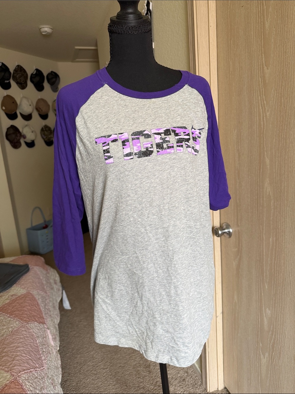 Nike Gray and Purple Raglan Baseball Tee with Graphic